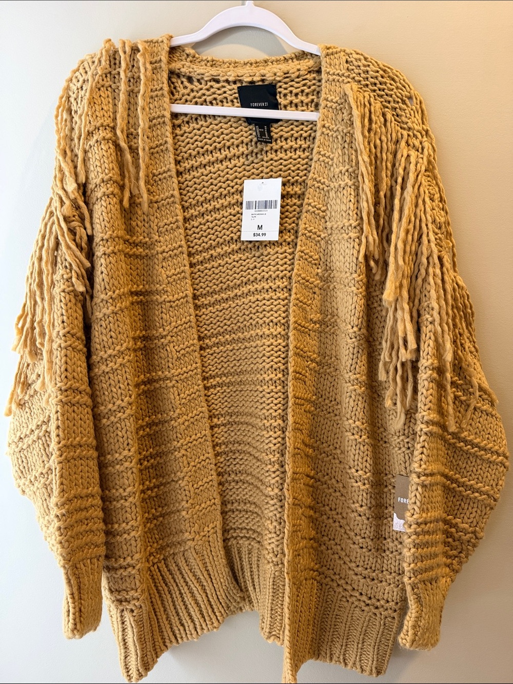 Forever 21 Chunky Knit Fringe Sleeve Cardigan in Taupe, Size M NWT